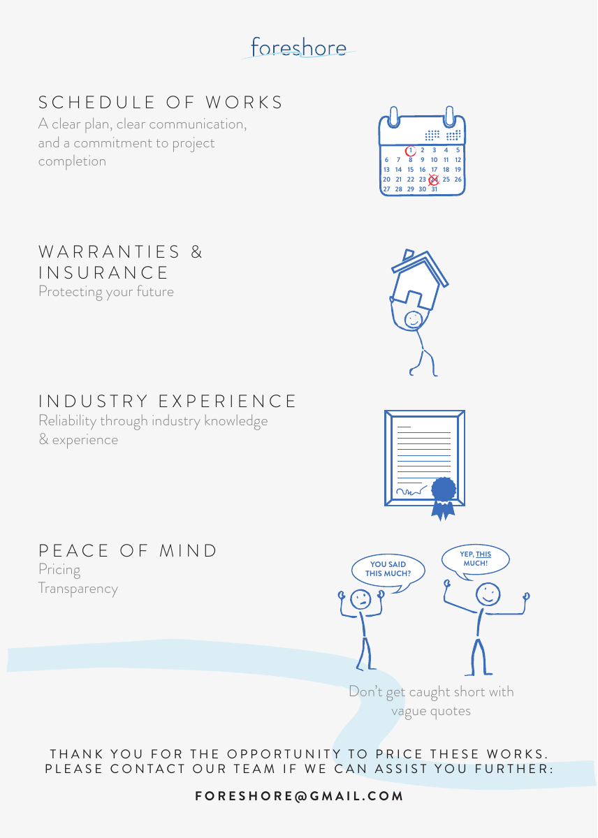 Quote guide page 2: schedule of works; warranties and insurance; industry experience; peace of mind through pricing transparency. Contact foreshore@gmail.com.
